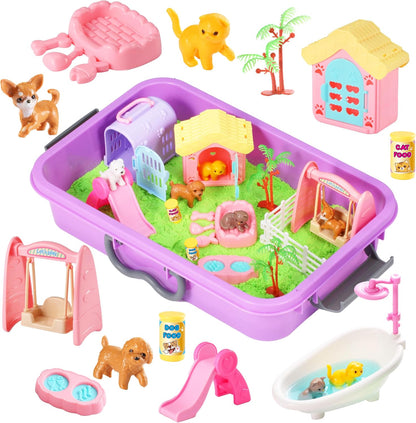 23-piece complete kit including magic sand, storage bin, 5 dog and cat figures, pet house, carrier, slide, swing, bathtub, fences, and bowls