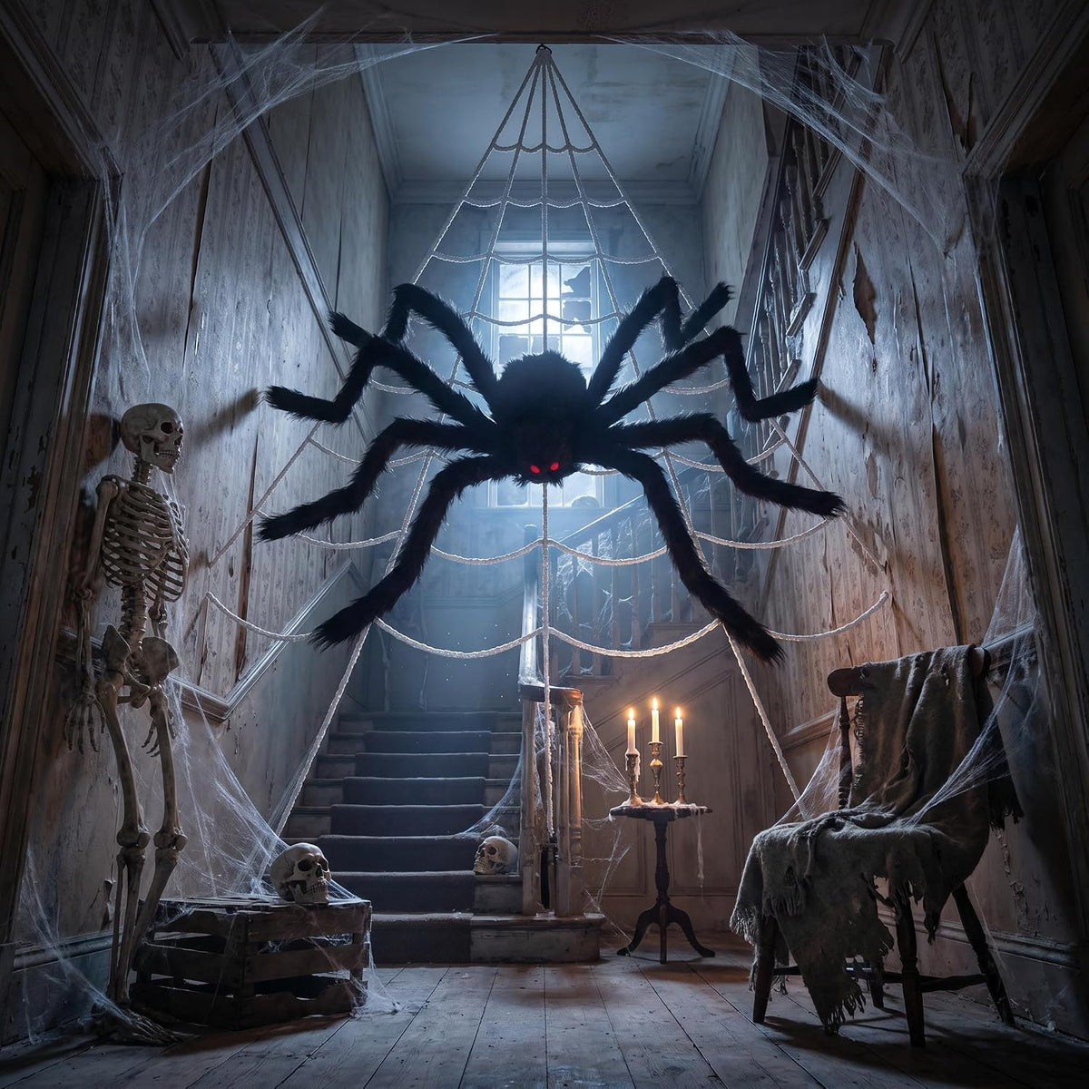 Land Guard 236'' Giant Spider Web Outdoor Halloween Decor with 70'' Spider Prop for Front Yard, Lawn, and Patio Haunted Displays
