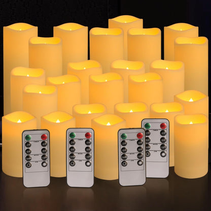 24 flameless led candles in three coordinated sizes (h 4"/5"/6" x d 2.2")