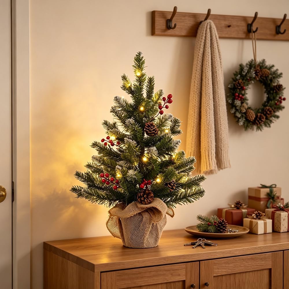 MEETYAMOR 24" PE Snow Flocked Christmas Tree with Burlap Base – Winter Wonderland Accent Piece for Countertop and Mantel Displays
