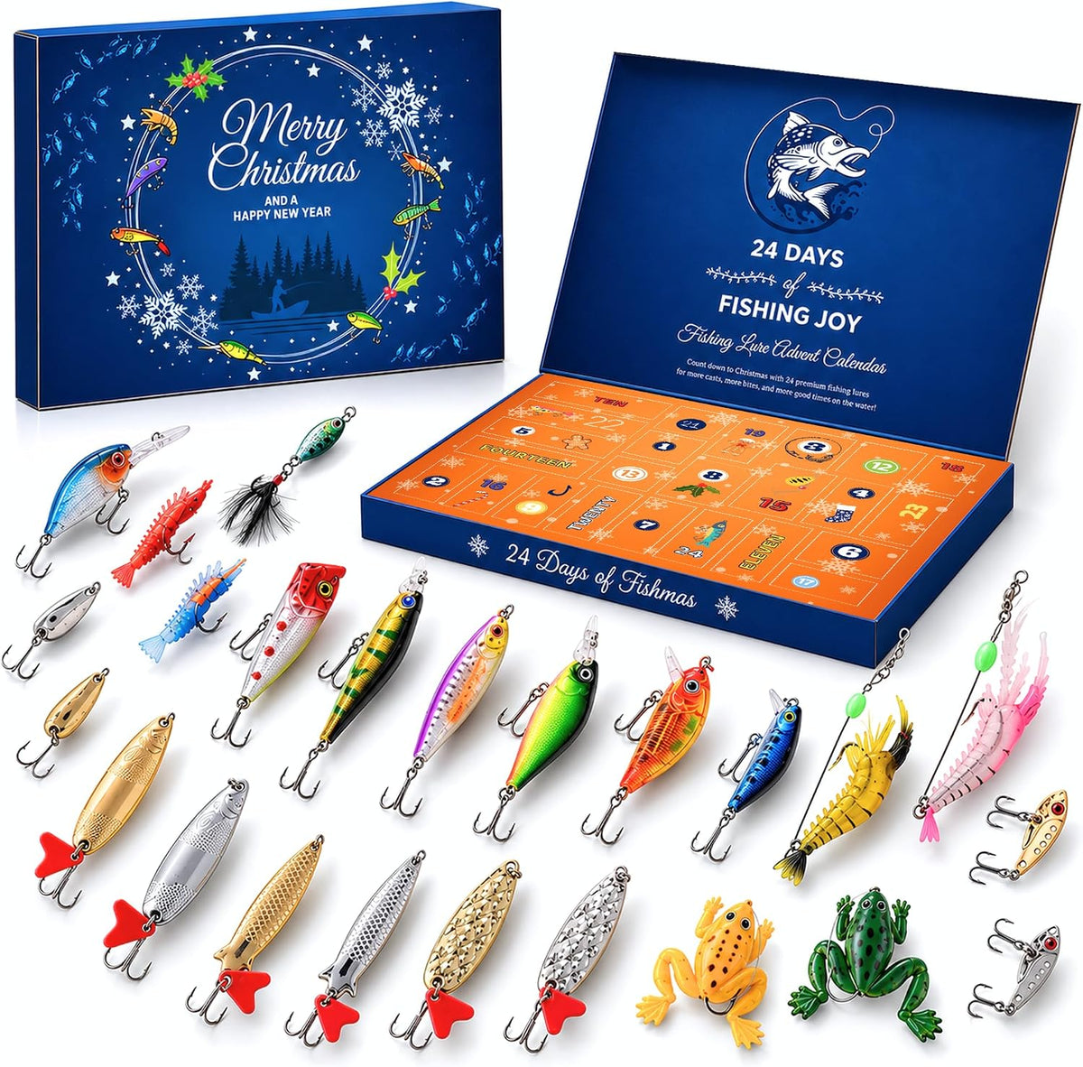 24 individually numbered compartments, one lure revealed per day from dec 1 to dec 24