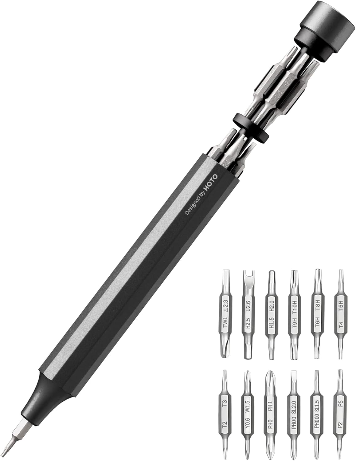 24 interchangeable precision bits covering phillips, flat, hex, torx, u-shaped, y-shaped, w-shaped, tri-wing, triangular, and pentagon heads