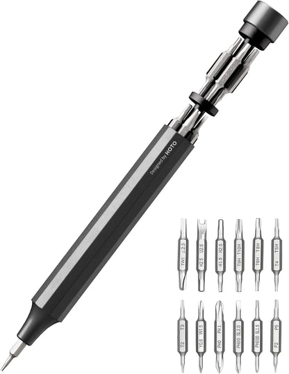 24 interchangeable precision bits covering phillips, flat, hex, torx, u-shaped, y-shaped, w-shaped, tri-wing, triangular, and pentagon heads