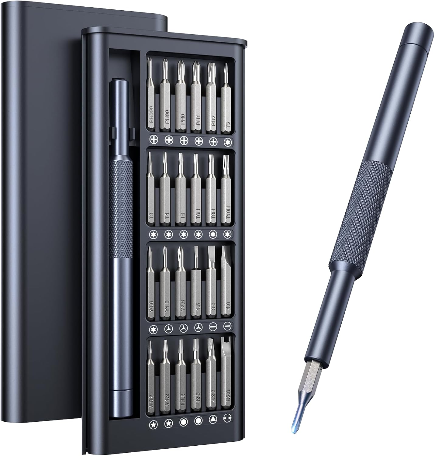24 interchangeable precision bits covering phillips, flat, torx, torx security, pentalobe, and hexagon head styles