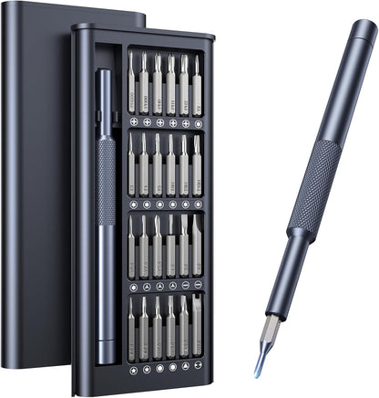24 interchangeable precision bits covering phillips, flat, torx, torx security, pentalobe, and hexagon head styles