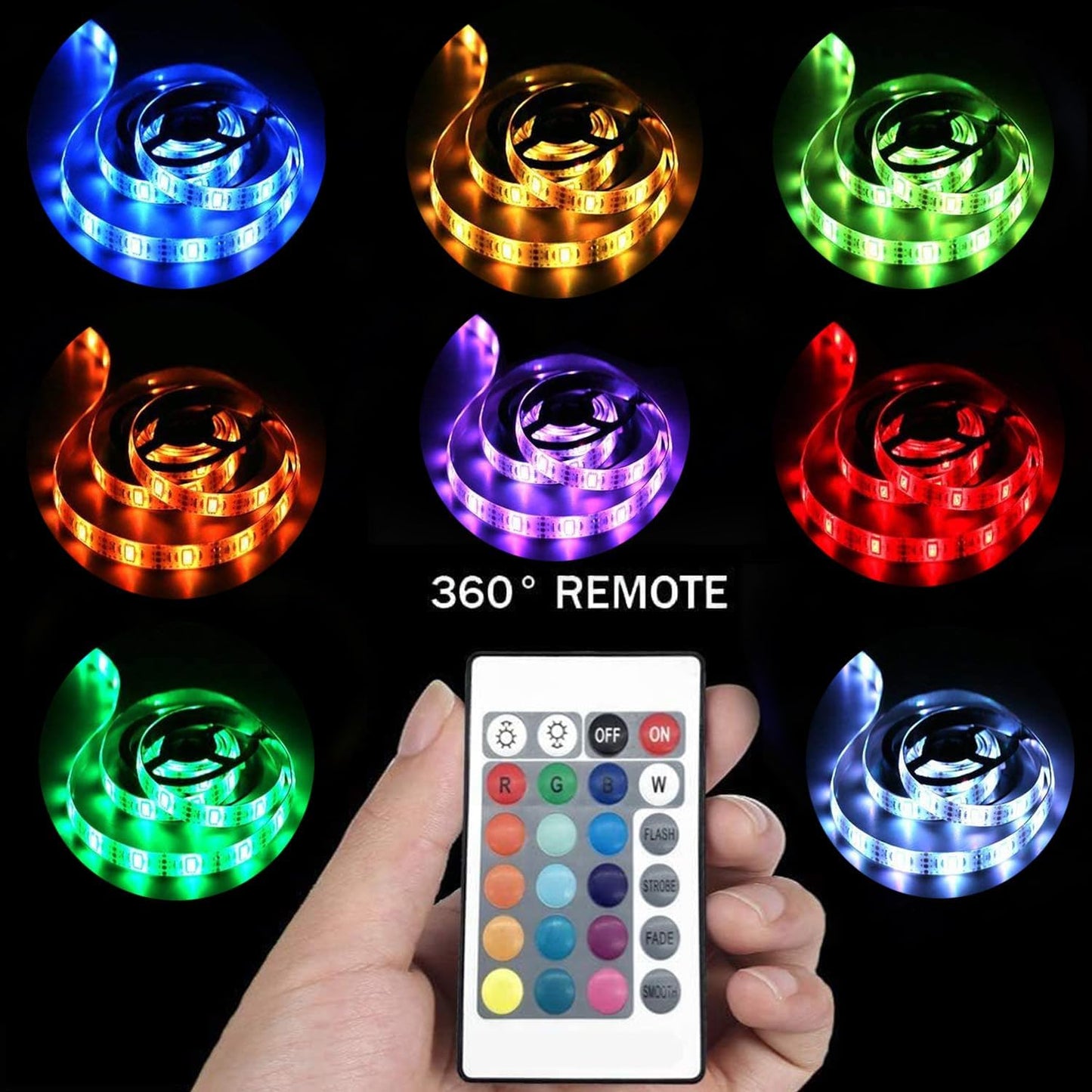 24-key infrared remote with 16 colors, brightness adjustment, and flash/strobe/fade/smooth modes