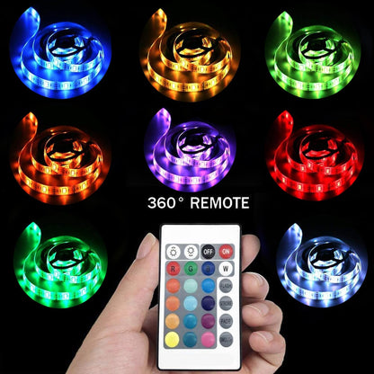 24-key infrared remote with 16 colors, brightness adjustment, and flash/strobe/fade/smooth modes