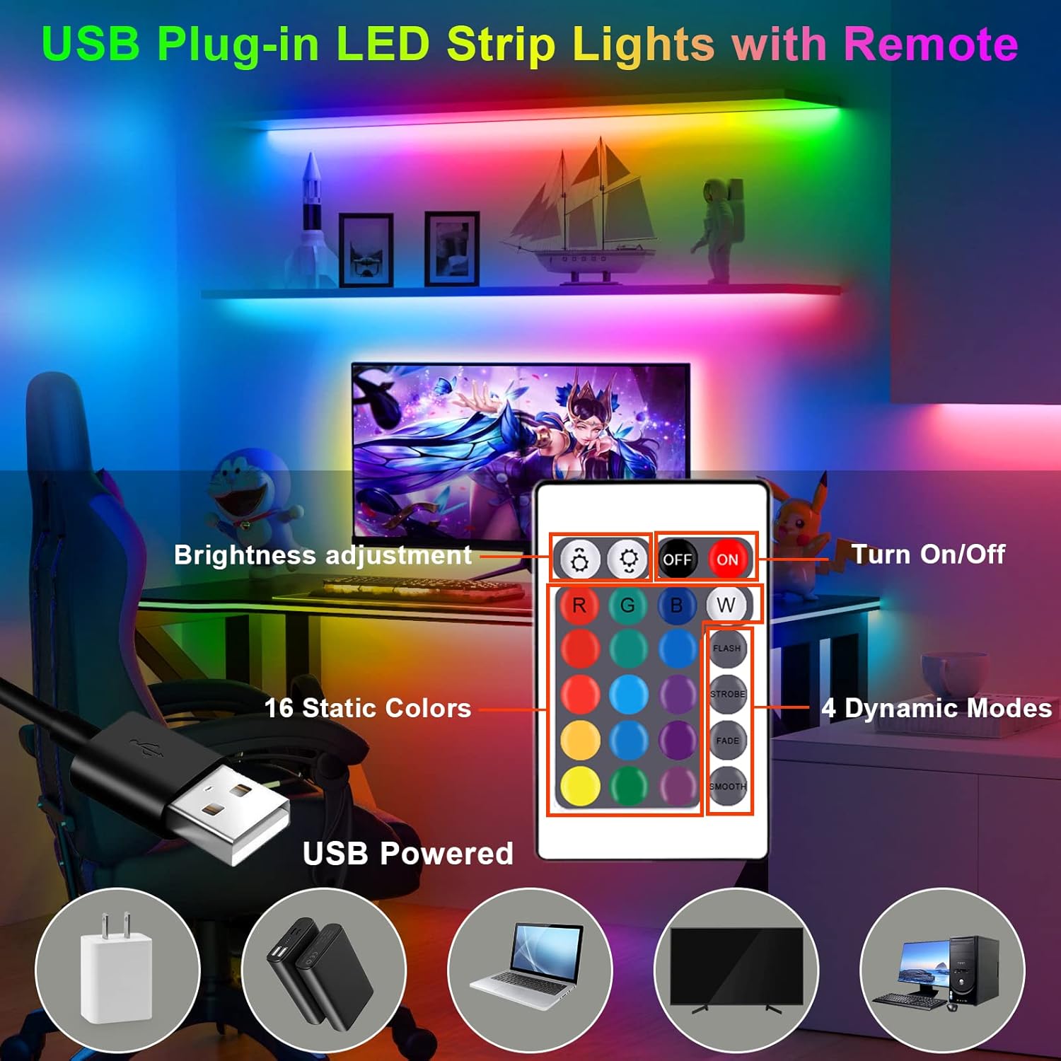 24-key ir remote controlling 16 colors, brightness, and 4 dynamic modes