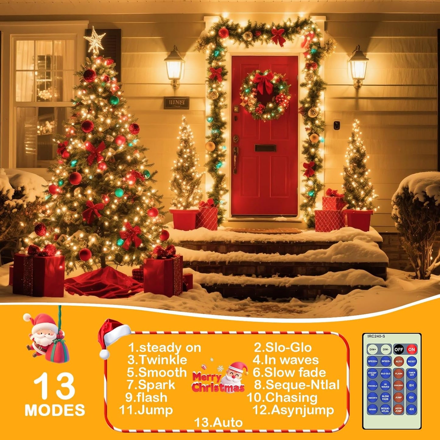 24-key remote controlling 13 lighting modes (steady, twinkle, waves, fade, chase, etc.)