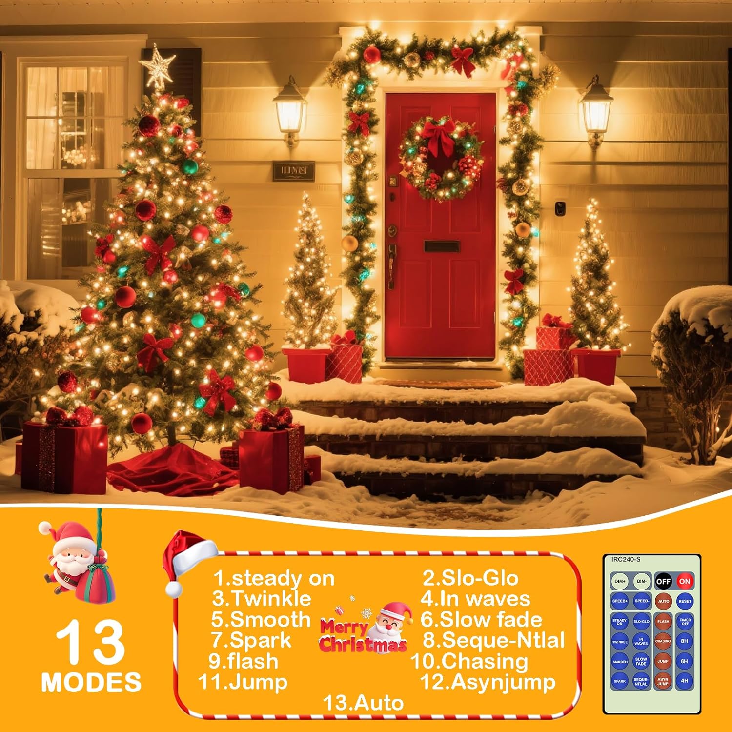 24-key remote controlling 13 lighting modes (steady, twinkle, waves, fade, chase, etc.)