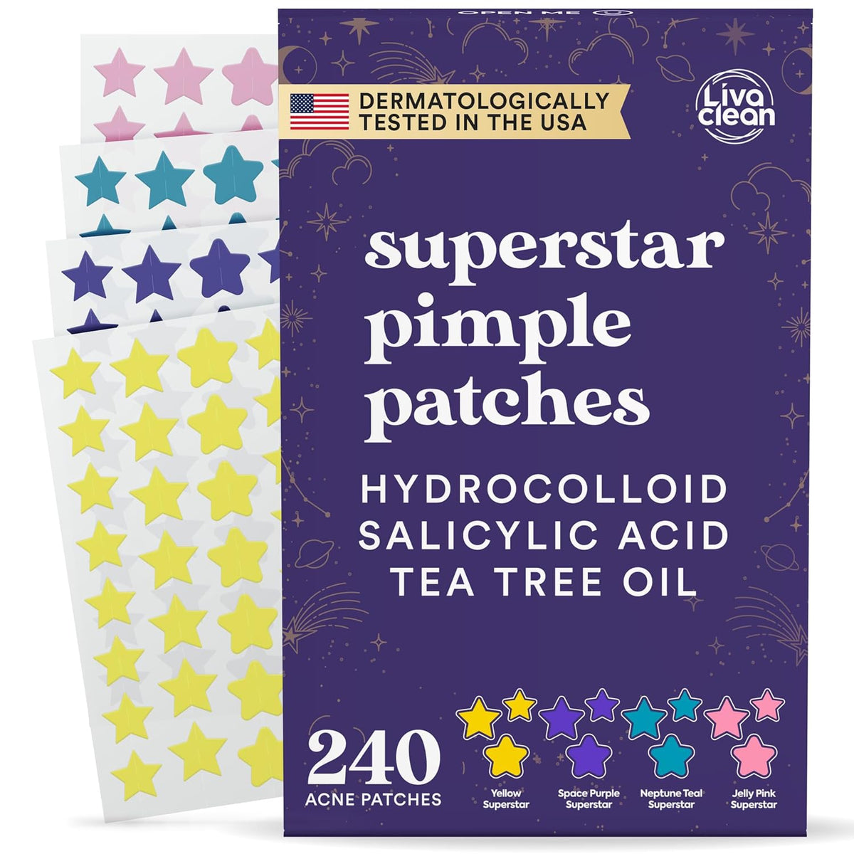 240 hydrocolloid star-shaped patches per box in 3 sizes