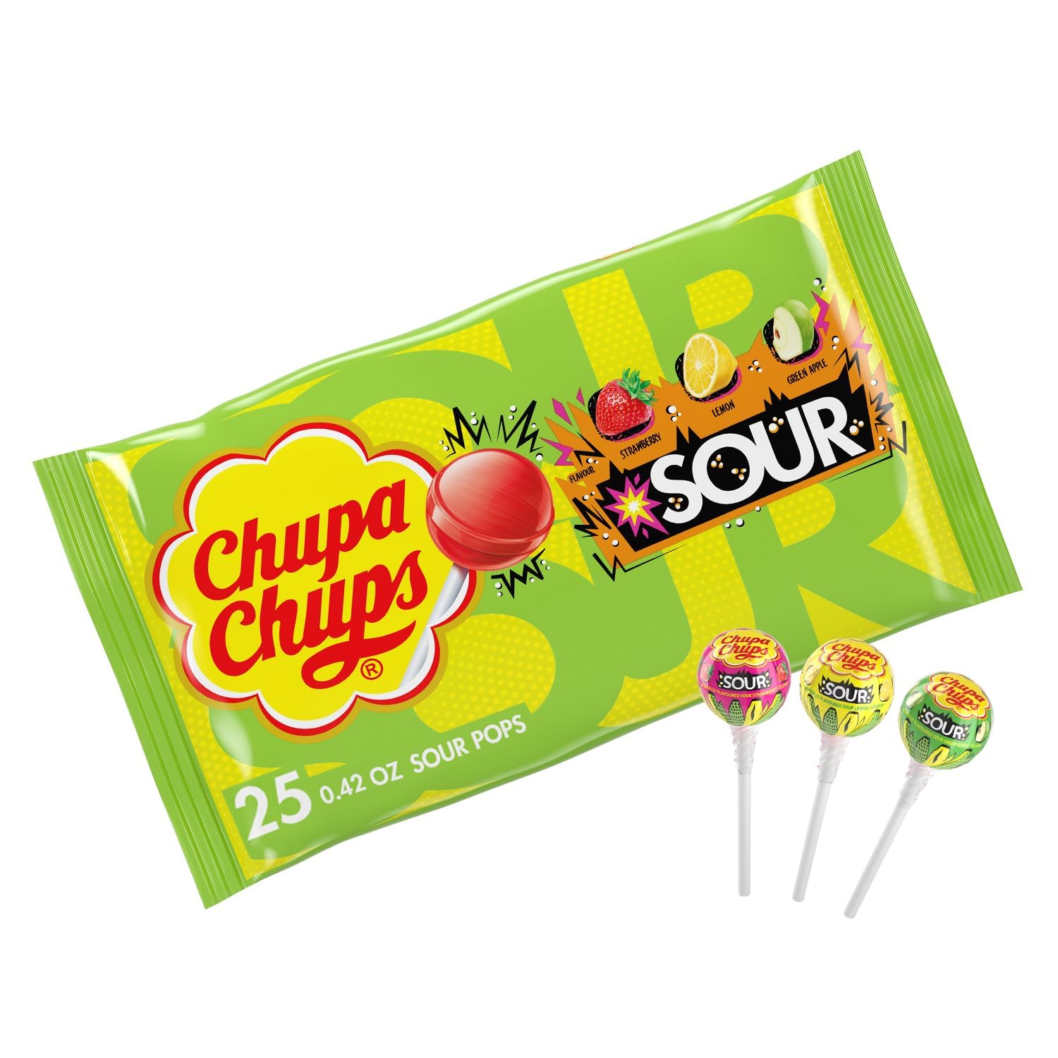 25 individually wrapped sour lollipops per 10.5 oz bag