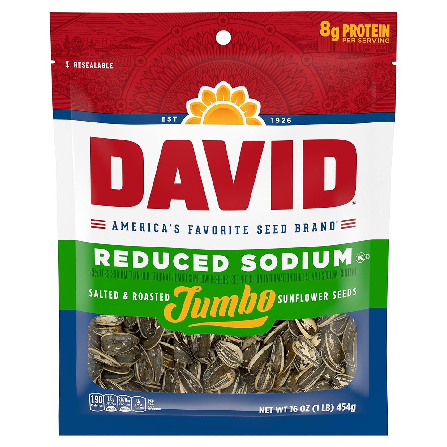 25% less sodium than standard david jumbo sunflower seeds