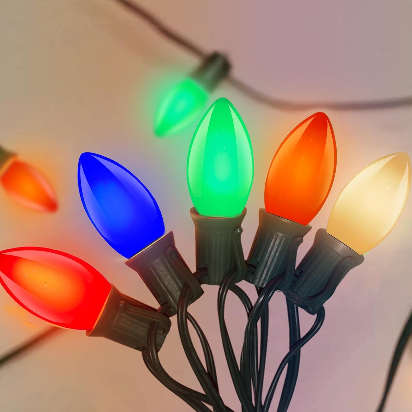 25ft green wire string with 25 hanging sockets and 26 c9 led bulbs (1 spare) on 12-inch spacing