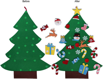 26 detachable ornaments (santa, snowman, snowflakes, stockings, hat, candies, bells) with sewn-on hook & loop fasteners