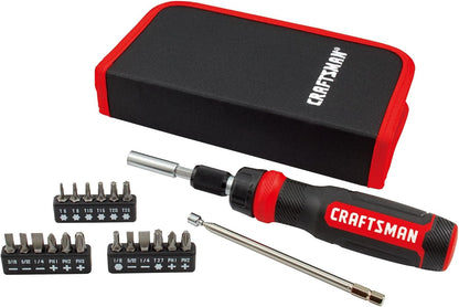26-piece set: 20 driver bits (sq, hex, torx t6-t25, slotted, phillips ph1-ph3) plus 7 1/4-inch drive nutdrivers (3/16 in. to 3/8 in.)