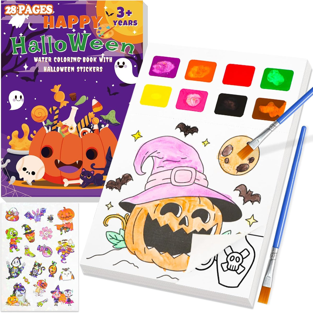 28-page water-coloring book with 8-color palette per page and halloween motifs (pumpkins, ghosts, witches, bats, castles)