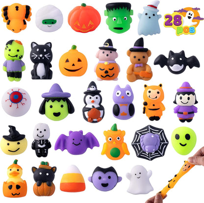 28-piece bulk kit with 28 distinct halloween-themed mochi squishy designs