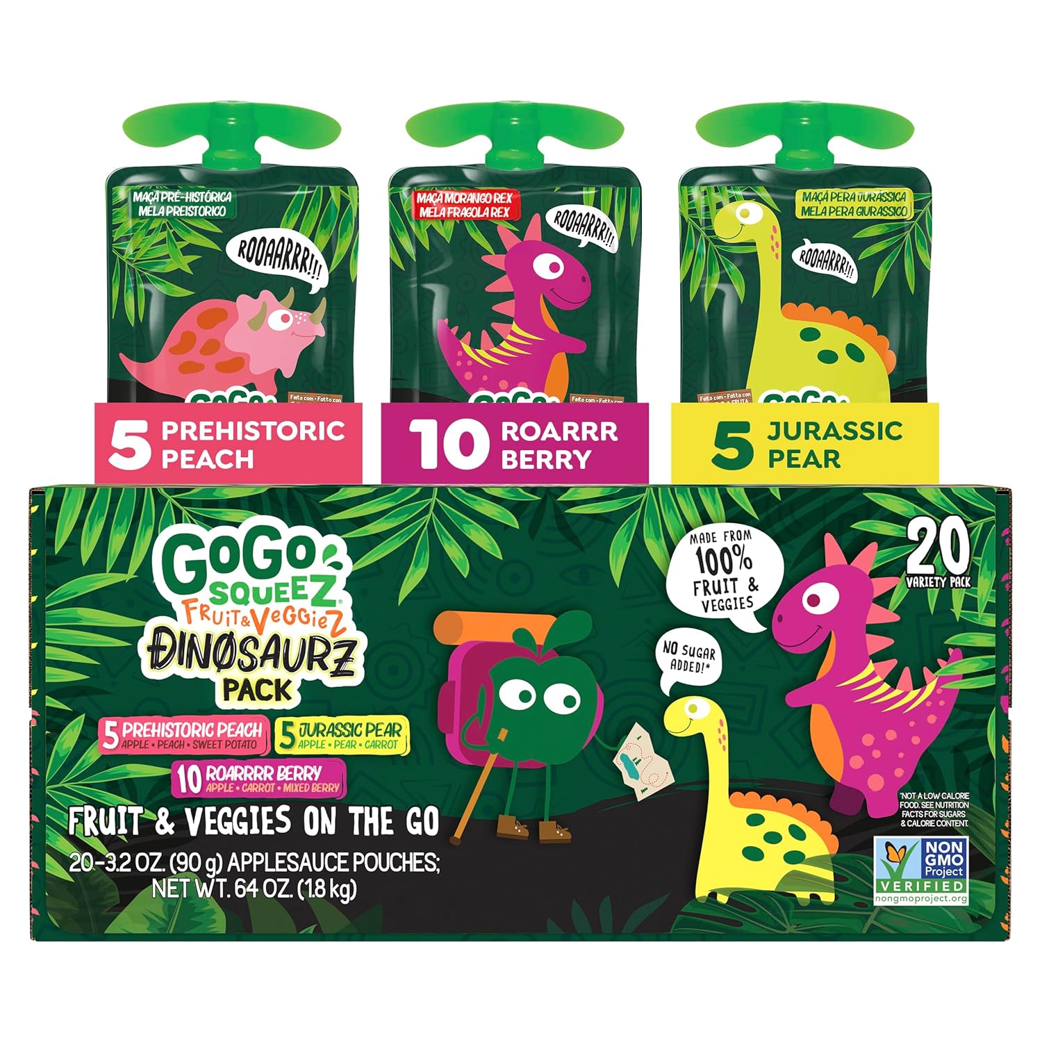 3.2 oz resealable squeeze pouches in a pack of 20 (24 in the strawberry/blueberry variant)