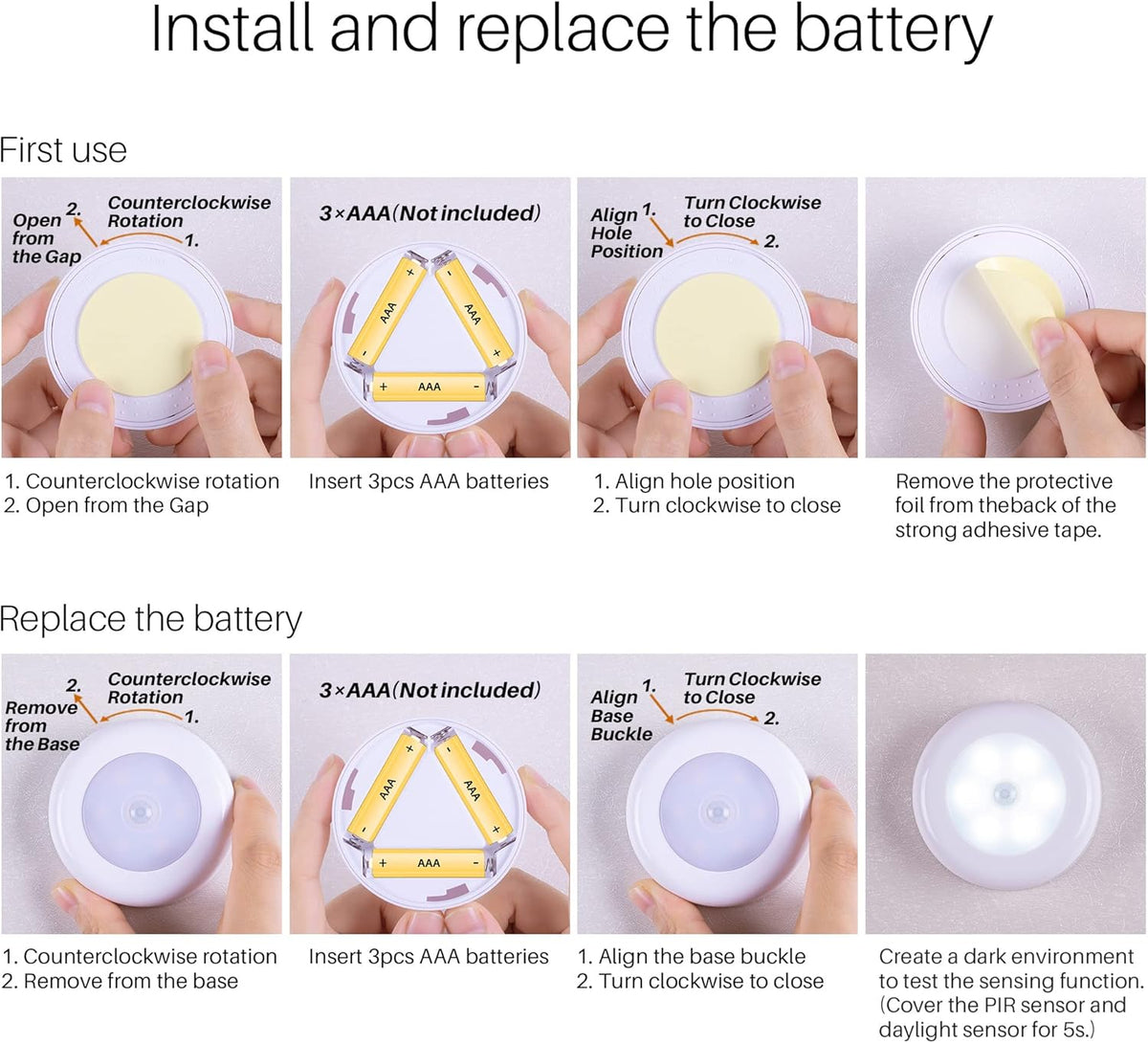 3 aaa battery power per puck (9 total included requirement) with twist-off split housing for easy swap