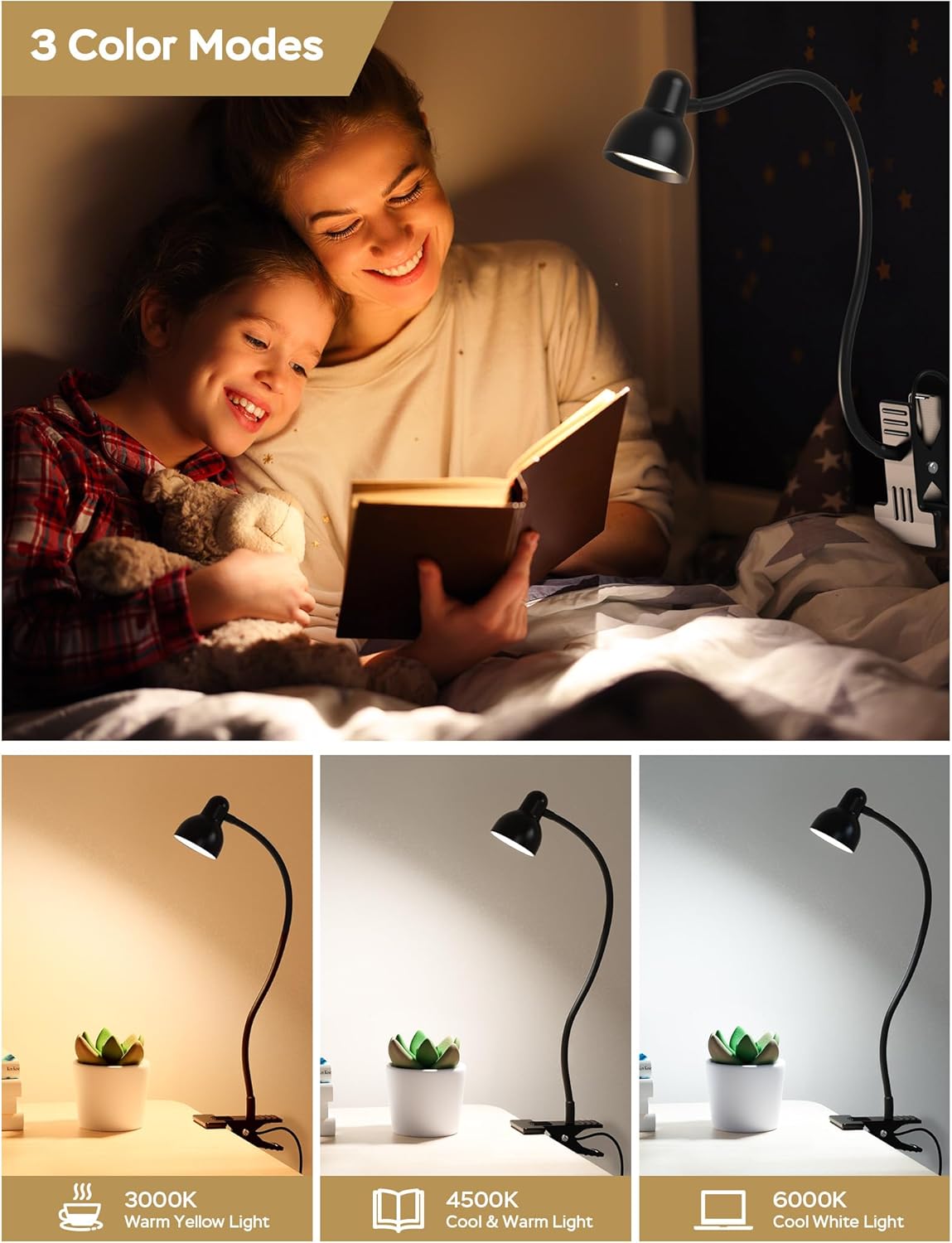 3 color temperature modes (3000k warm, 4500k natural, 6500k cool white)