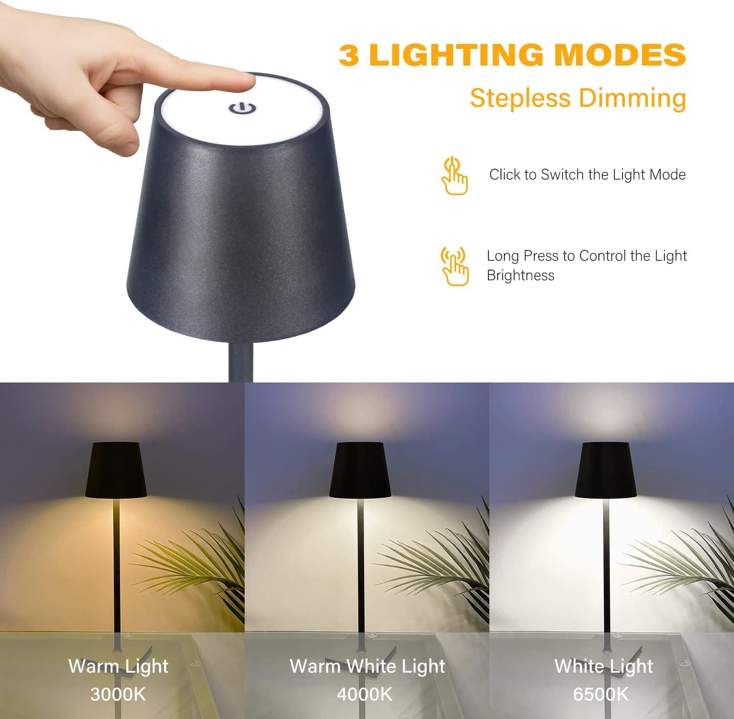 3 color temperatures (warm / warm white / white) with stepless dimming 10%–100%