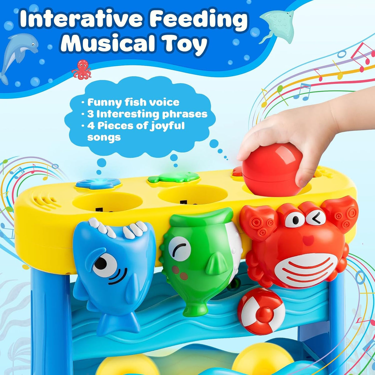 3 dedicated music buttons on top for playing popular children's songs independently of the feeding play