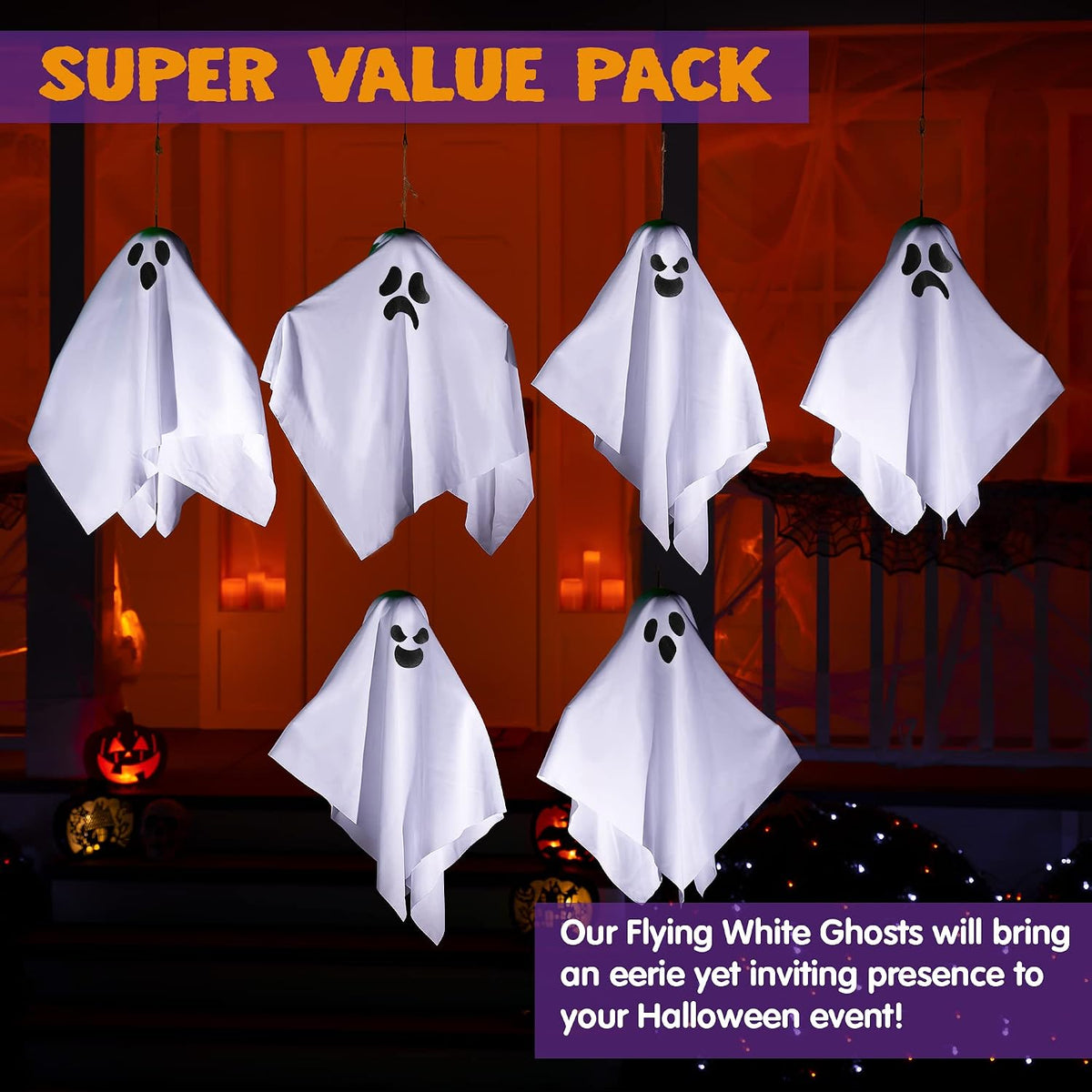 3 distinct smiling face designs, 2 ghosts per face
