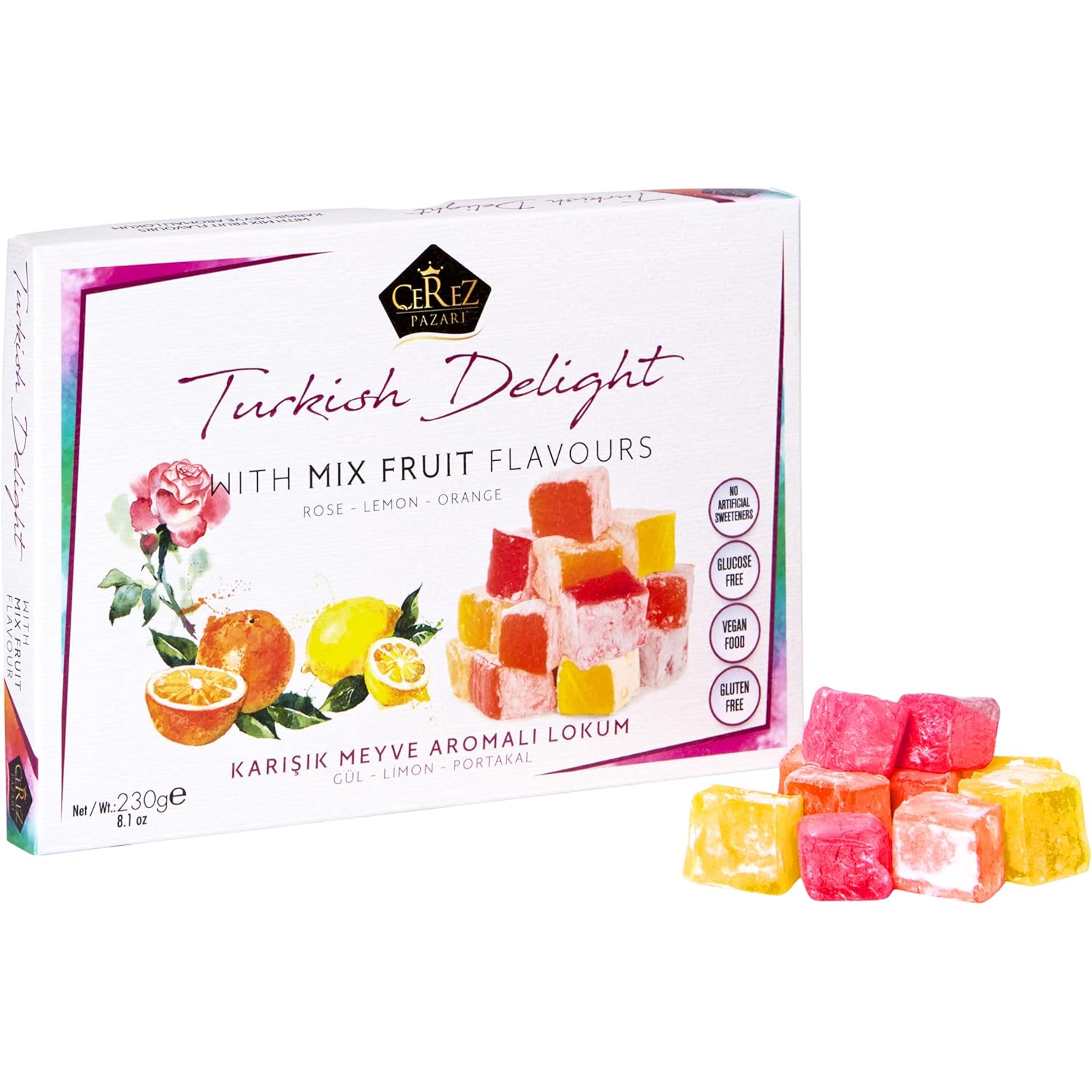 3-flavor mix of rose, orange, and lemon turkish delight lokum