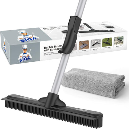 3-in-1 design: rubber broom head, integrated squeegee edge, and microfiber cloth attachment