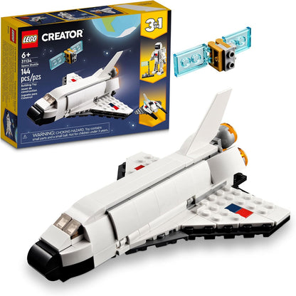 3-in-1 modular design rebuilds into a space shuttle, posable astronaut with jetpack and flag, or a spaceship with moving wings