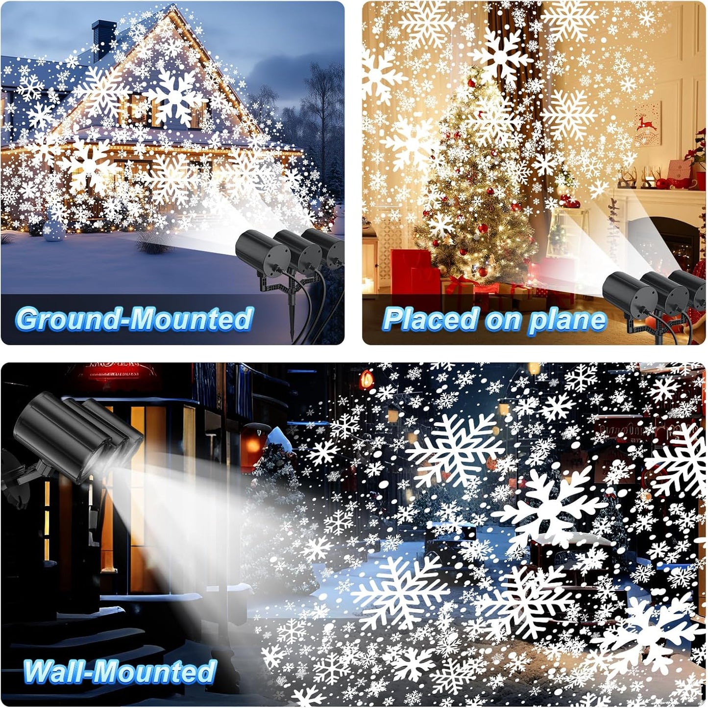 3-in-1 mounting: ground stake, round base, and wall/ceiling screws