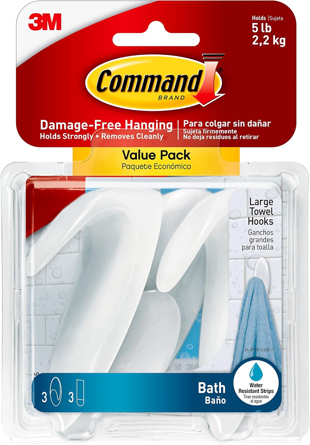 3 large hooks and 3 water-resistant adhesive strips included in value pack