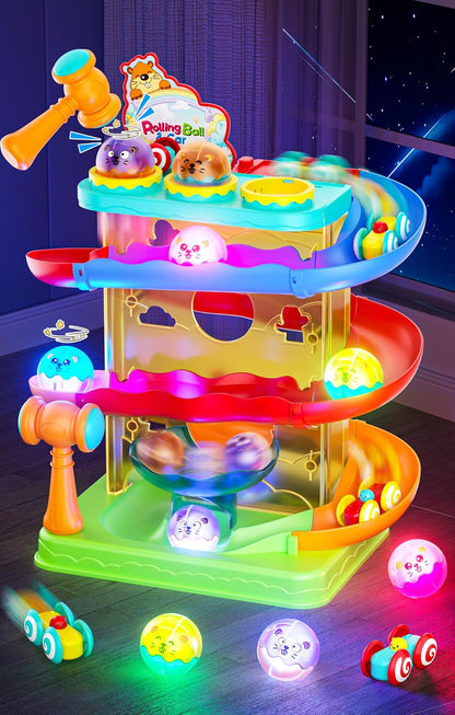 3-layer color-coded track system with 4 straight and 5 turning track pieces