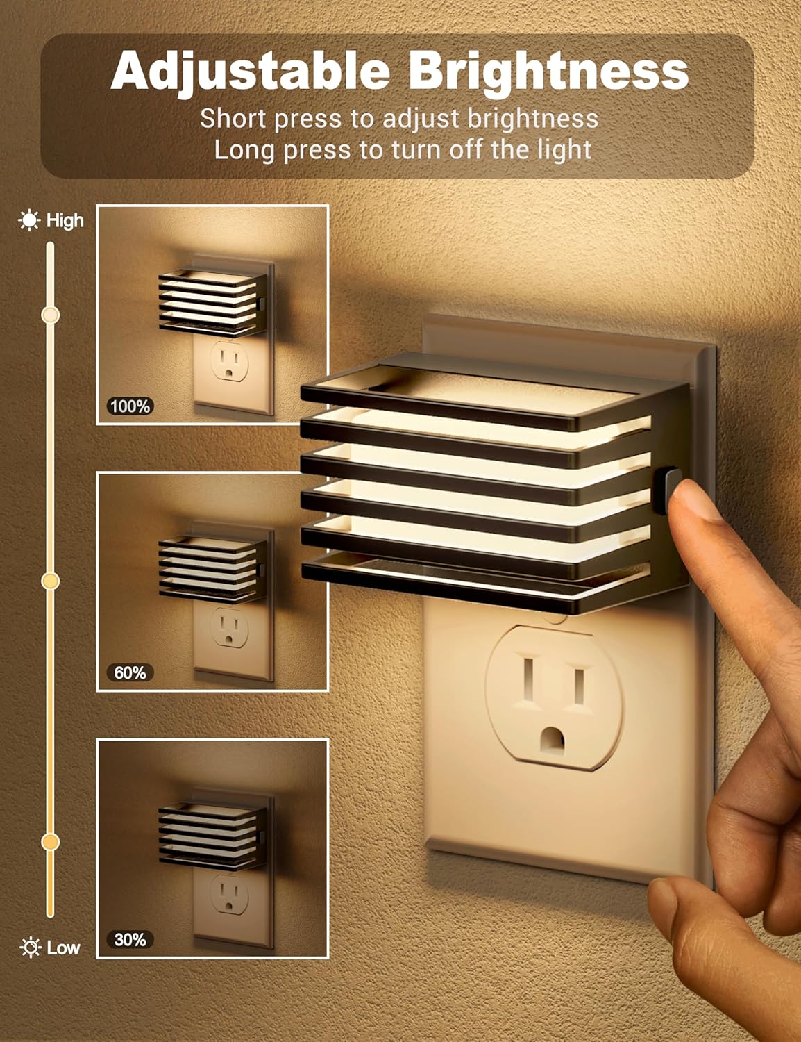 3-level touch dimming (low / medium / high) plus long-press off