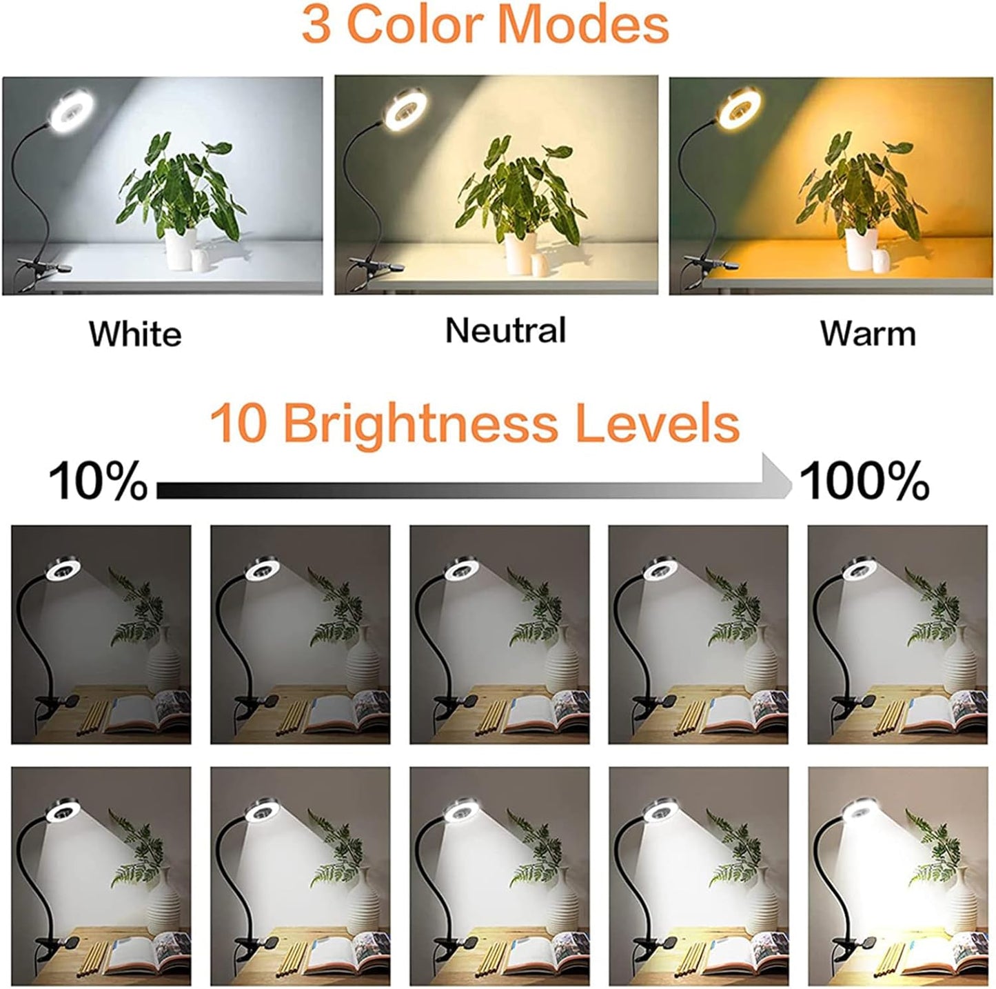 3 light modes (cool white, warm white, natural white) with 10 dimmable brightness levels from 10% to 100%