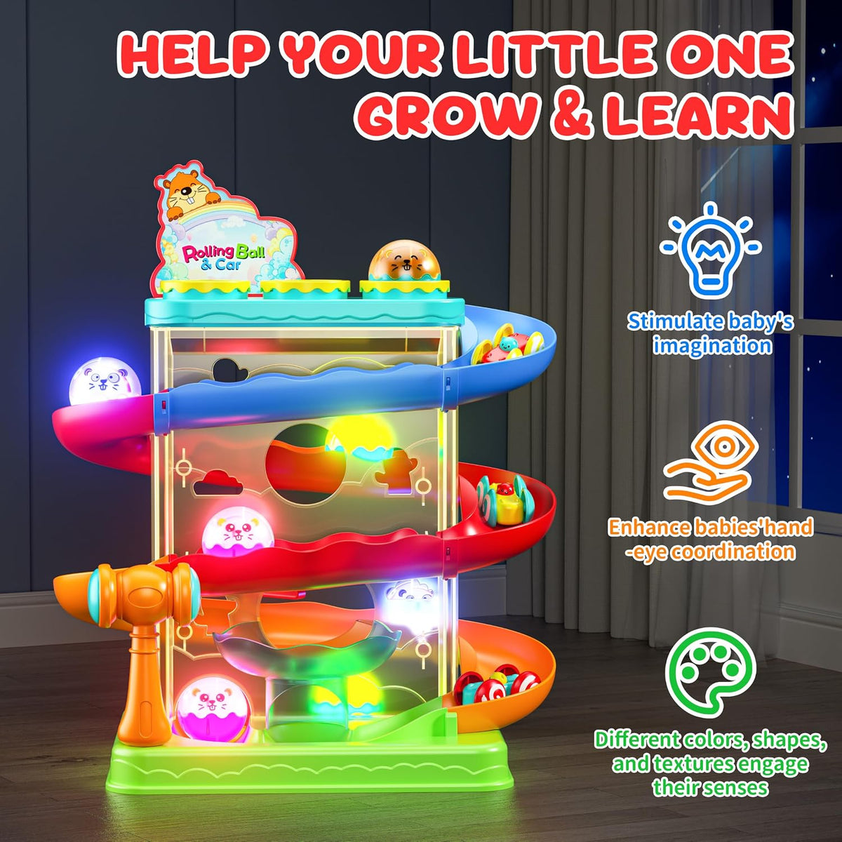 3 light-up balls and 3 mini racing cars included for dual play modes
