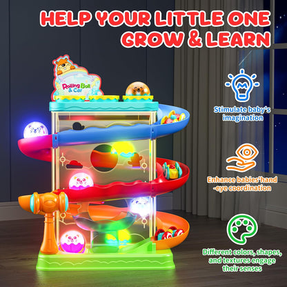 3 light-up balls and 3 mini racing cars included for dual play modes