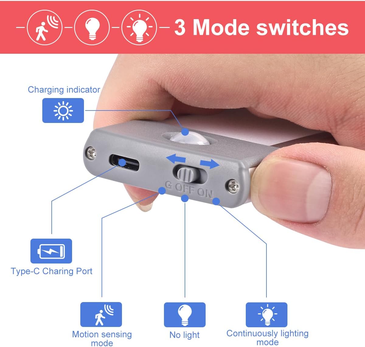 3-mode switch: always on, off, or motion sensor (g) mode