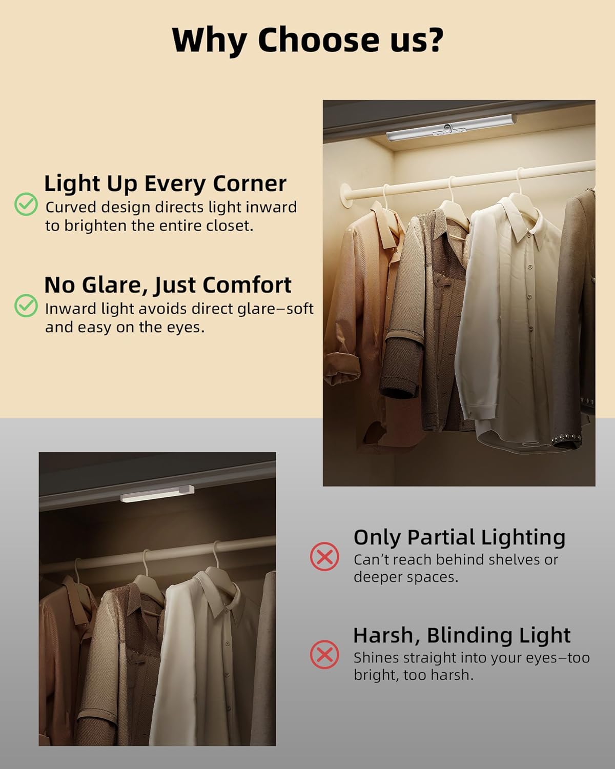 3 operating modes: always on, all-day motion, and night motion (darkness only) with 20s auto shutoff
