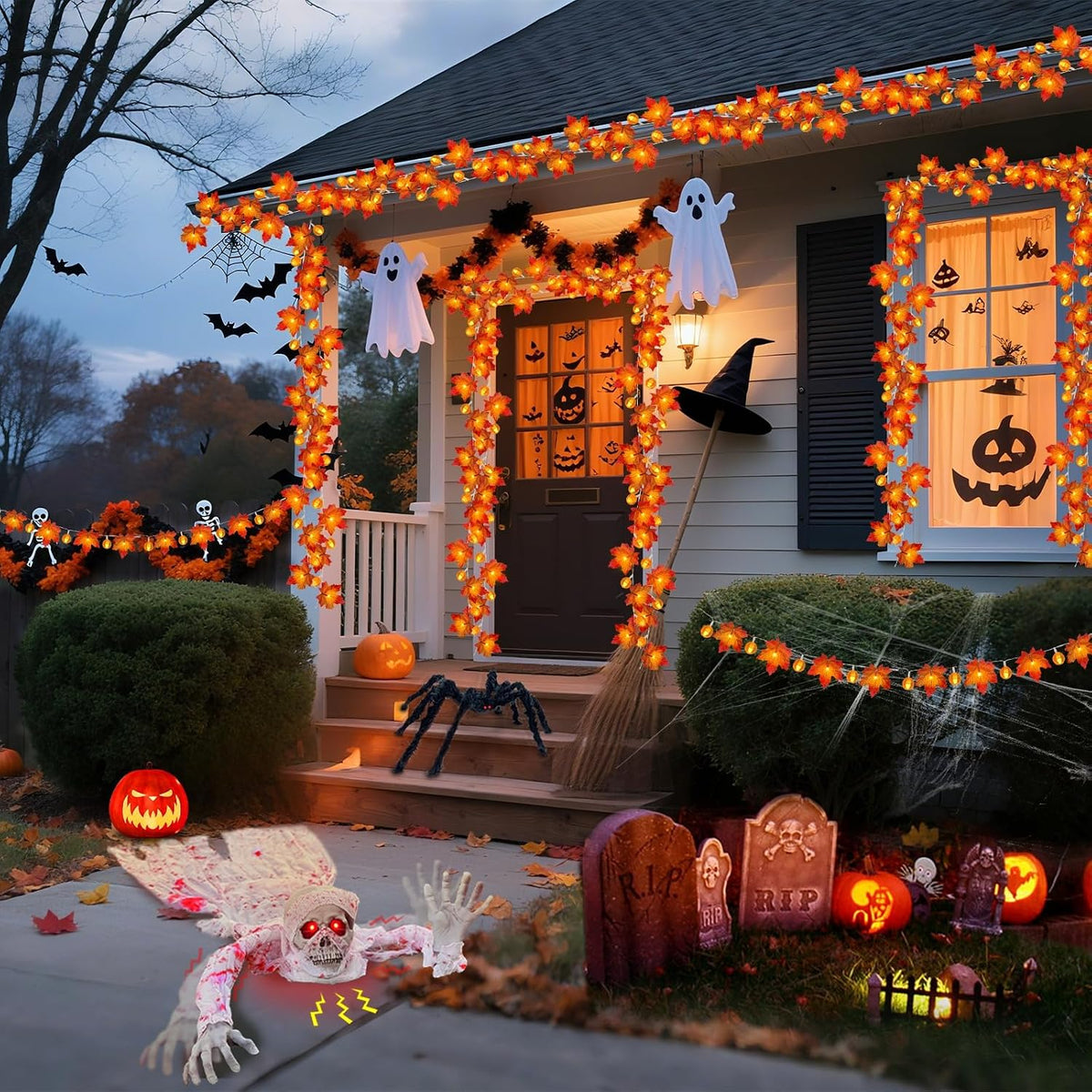 3 Pack Fall Garland with Pumpkin Lights – Battery Powered Portable Lights for Balcony Railing and Small Patio Decorating