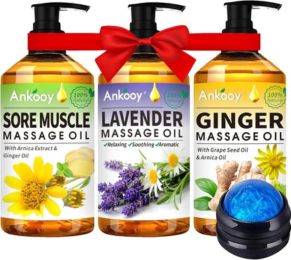 3-pack of oils: arnica (sore muscle), ginger (lymphatic drainage), lavender (relaxing aromatherapy)