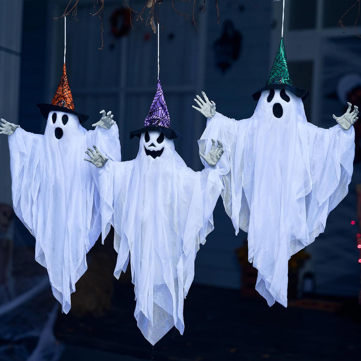 JOYIN 19 Inch Cute Halloween Ghosts with Witch Hats — Kid-Friendly Hanging Decor for Playroom and Bedroom Party
