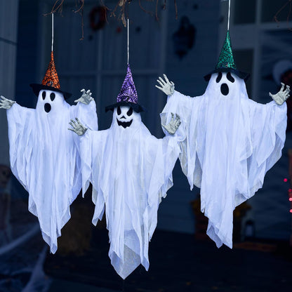 JOYIN 19 Inch Cute Halloween Ghosts with Witch Hats — Kid-Friendly Hanging Decor for Playroom and Bedroom Party