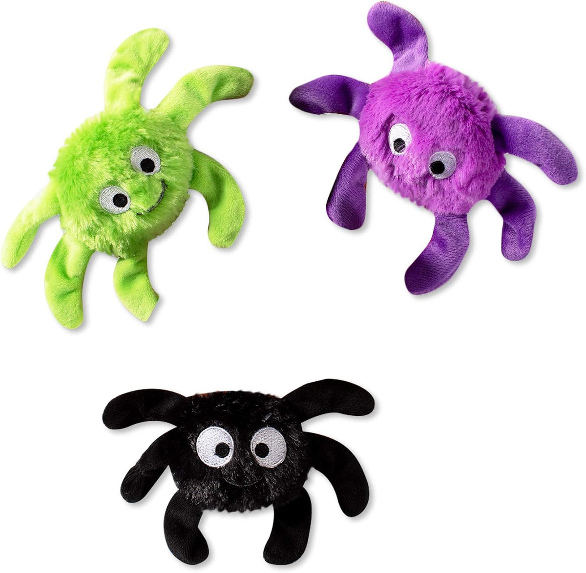 3-piece plush toy set in green, purple, and black spider designs