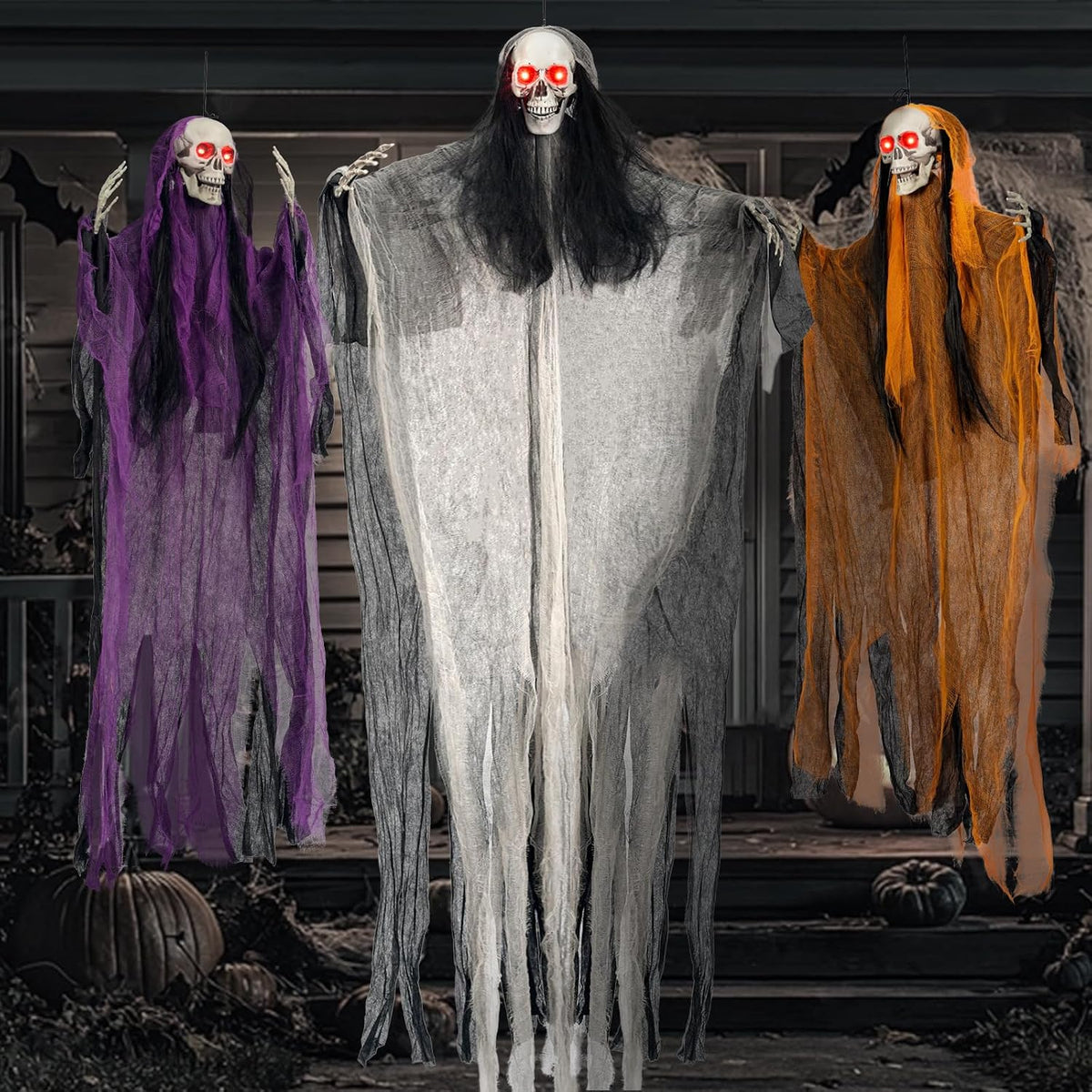 Halloween Decorations 3 Pack Lighted Eye Skeleton Ghosts Garden Tree Hanging for Outdoor Halloween Parties
