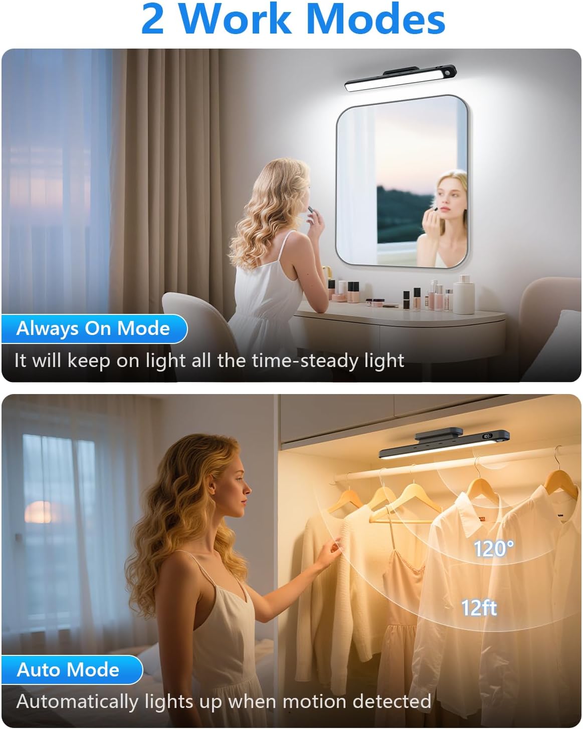 3 selectable color temperatures (3000k warm, 4500k natural, 6000k cool) with 10–100% dimming