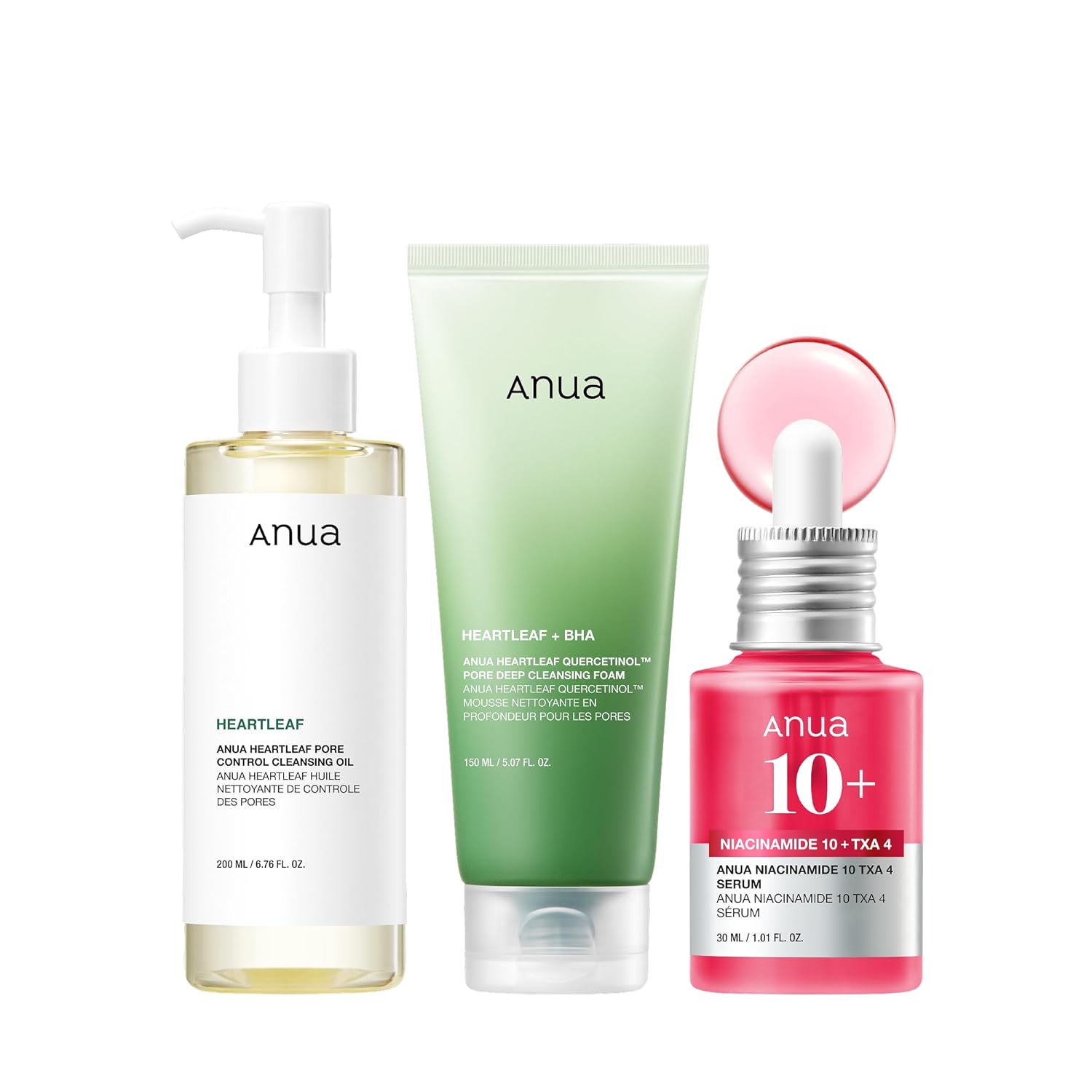 3-step sequential routine: oil cleanser → foam cleanser → serum