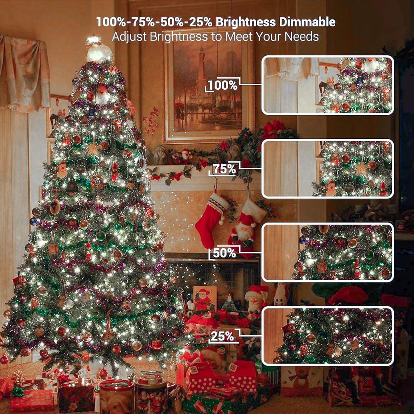 3 timer presets (6h/8h) with auto on/off and 4-level dimming (100/75/50/25%)
