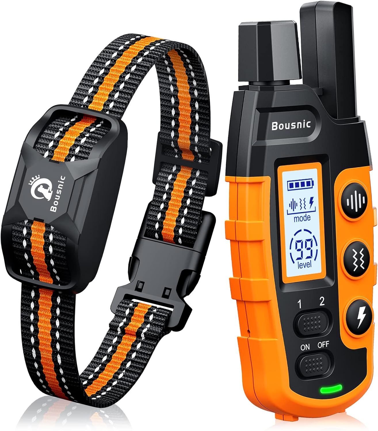 3 training modes: beep (1–8 levels), vibration (1–16 levels), safe static shock (1–99 levels)